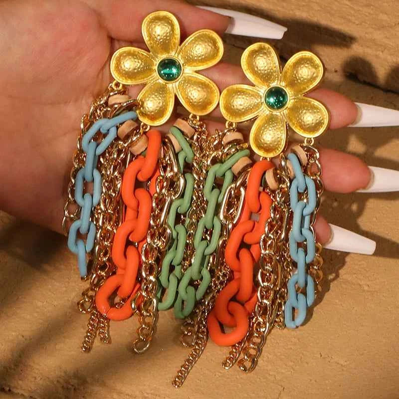 TEEK - Long Flower Light Yellow Gold Chain Earrings JEWELRY theteekdotcom