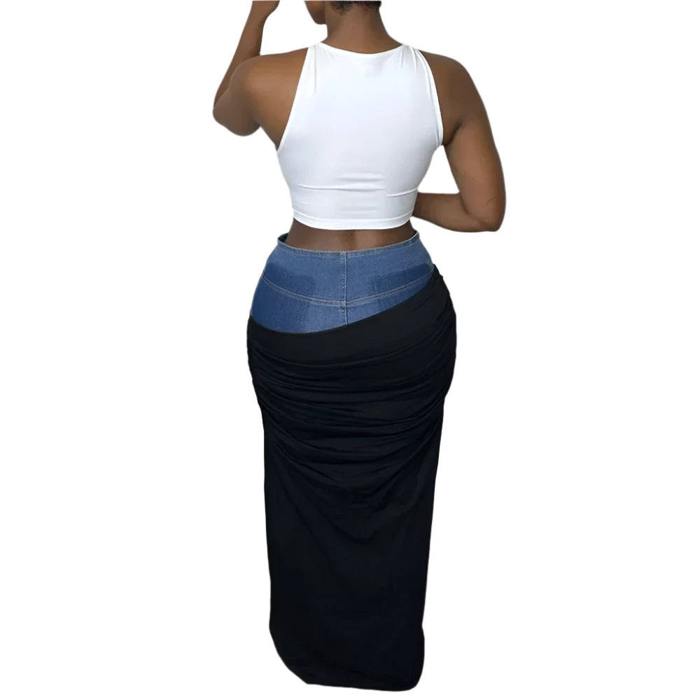 TEEK - Plus Size Black Denim Mixed Illusion Fold Skirt SKIRT theteekdotcom