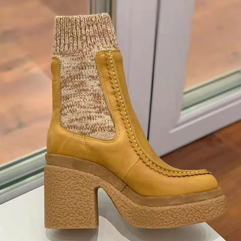 TEEK - Chunky Heel Knit Ankle Boots SHOES theteekdotcom brown 5.5 