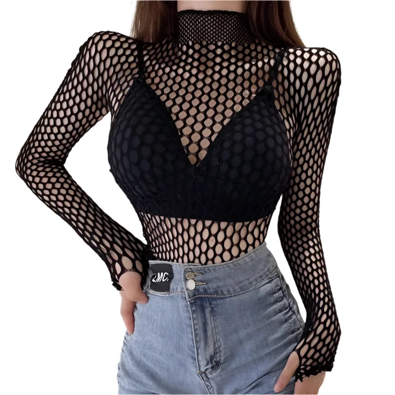 TEEK - Black Skinny Mesh Long Sleeve Turtleneck Top TOPS theteekdotcom