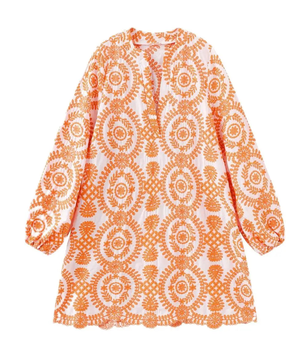 TEEK - Emma Embroidery Long Sleeve Above Knee Dress DRESS theteekdotcom Orange L 