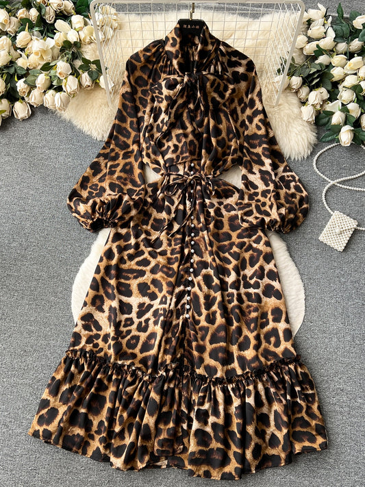 TEEK - Elegant Bow Collar Puff Sleeve Dress DRESS theteekdotcom Leopard One Size 