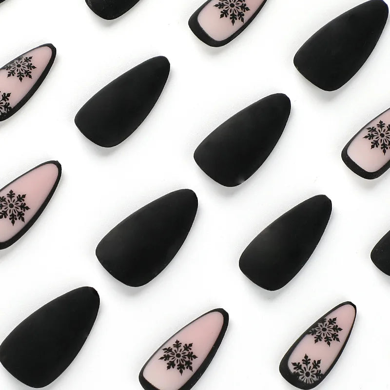 TEEK - 24PC Black Long Frosted Snowflake Nails NAIL ART theteekdotcom   