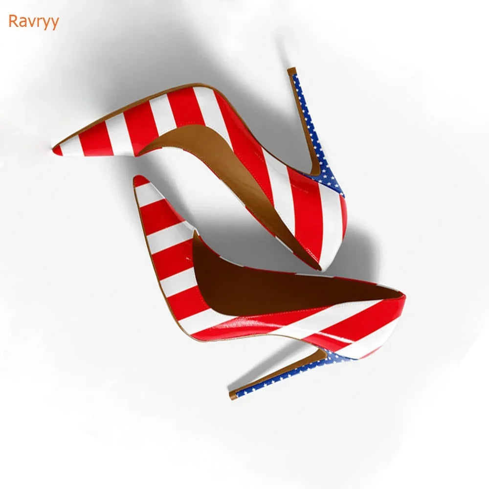 American Flag Prints Thin Heels Shoes Pointed Toe Patent Leather Women Shoes Slip On Pumps Shallow Party Fashion Shoes TEEK
