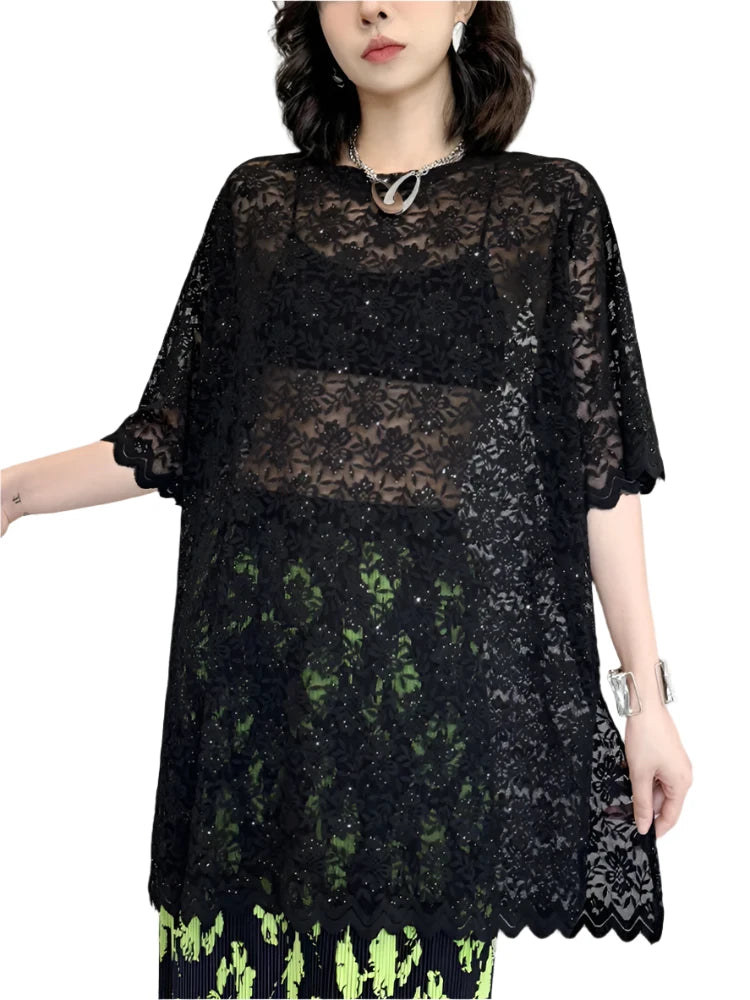 TEEK - Black Lace Perspective Lace Short Sleeve Top TOPS theteekdotcom   