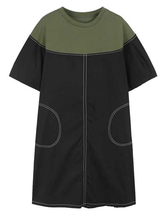 TEEK - Green Topstitched Color-Block Dress DRESS theteekdotcom black One Size 