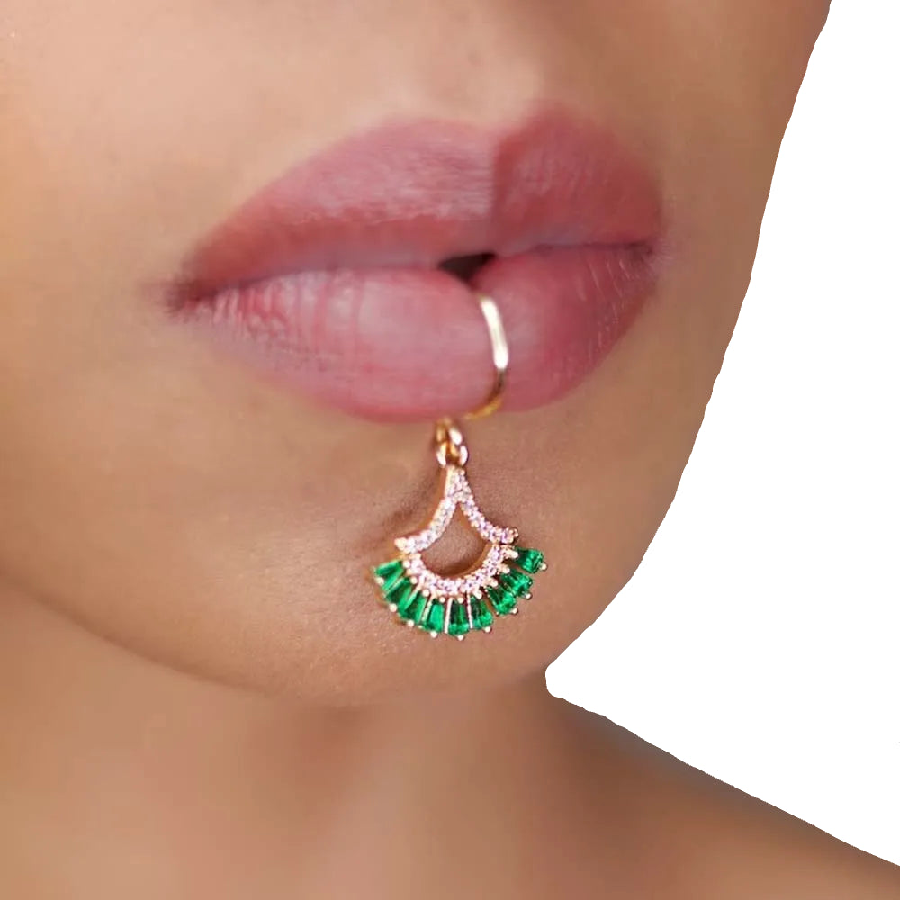 TEEK - Green Crystal Dangle Lip Cuff JEWELRY theteekdotcom Silver Plated