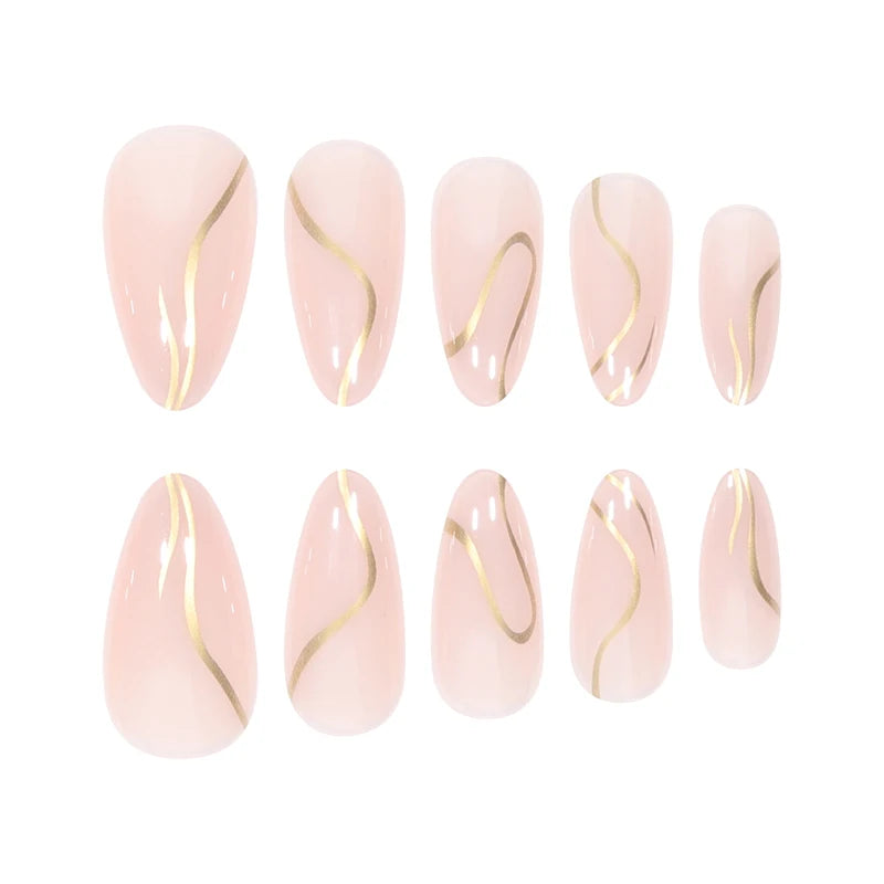 TEEK - 24 Piece Almond Irregular Golden Line False Nails NAIL ART theteekdotcom   