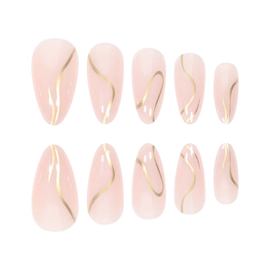 TEEK - 24 Piece Almond Irregular Golden Line False Nails NAIL ART theteekdotcom   