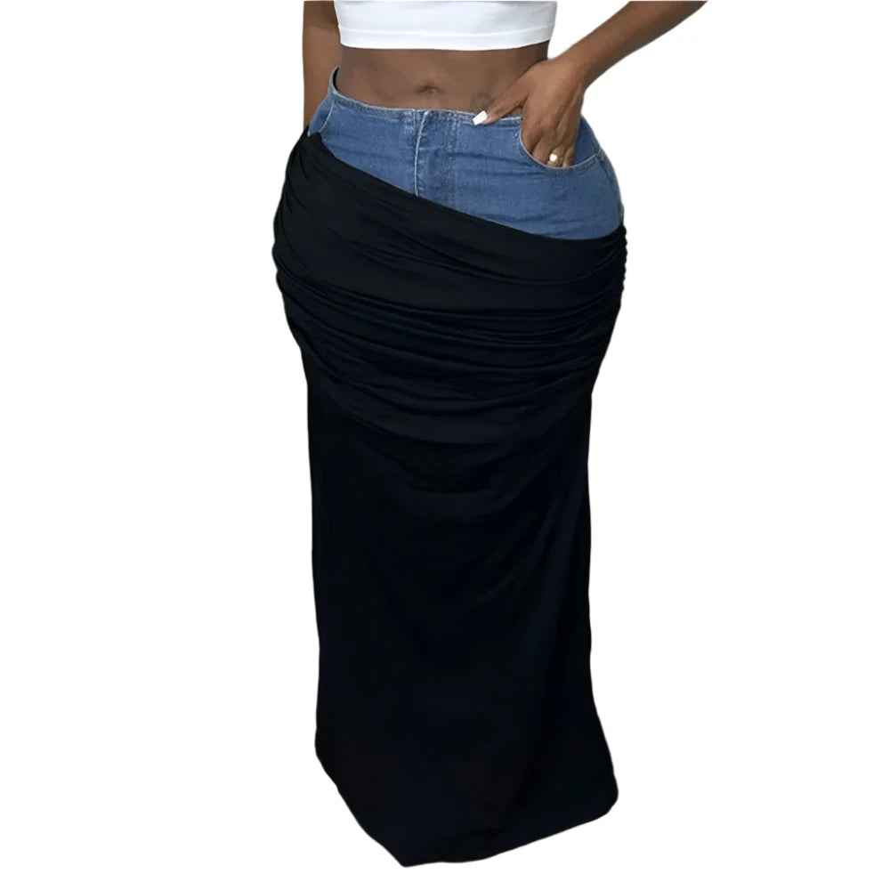 TEEK - Plus Size Black Denim Mixed Illusion Fold Skirt SKIRT theteekdotcom 2XL