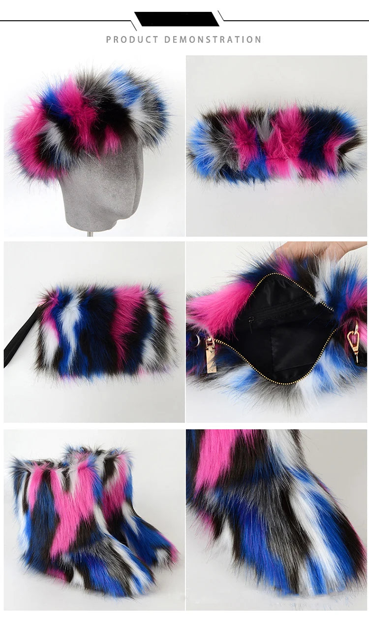 TEEK - Faux Fox Fur Snow Boots Velvet Headband Handbag Set SET theteekdotcom   