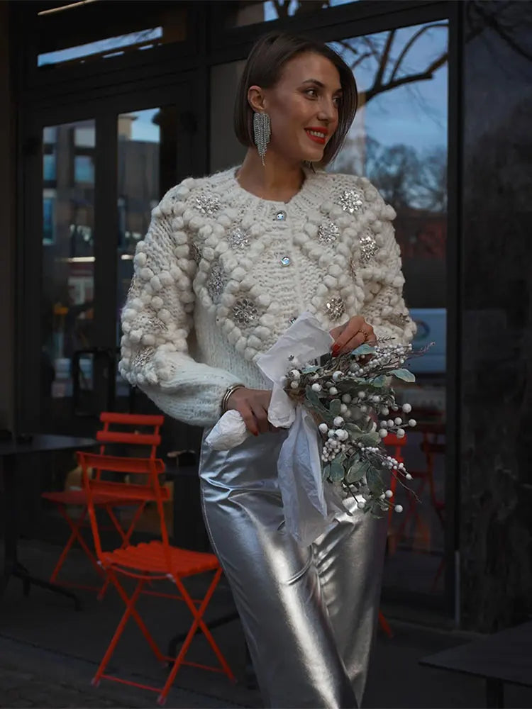TEEK - White Sequin Knitted 3D Ball White Cardigan SWEATER theteekdotcom S  