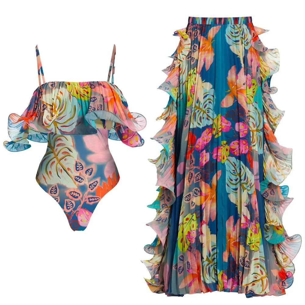 TEEK - Flowers One Piece Swimsuit and Skirt Women