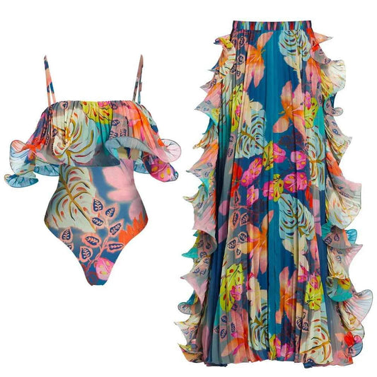 TEEK - Flowers One Piece Swimsuit and Skirt Women