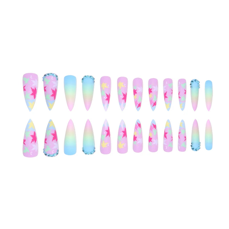 TEEK - 24 Long Pointed Multicolor Gradient Leaf Frosted Fake Nails NAIL ART theteekdotcom   