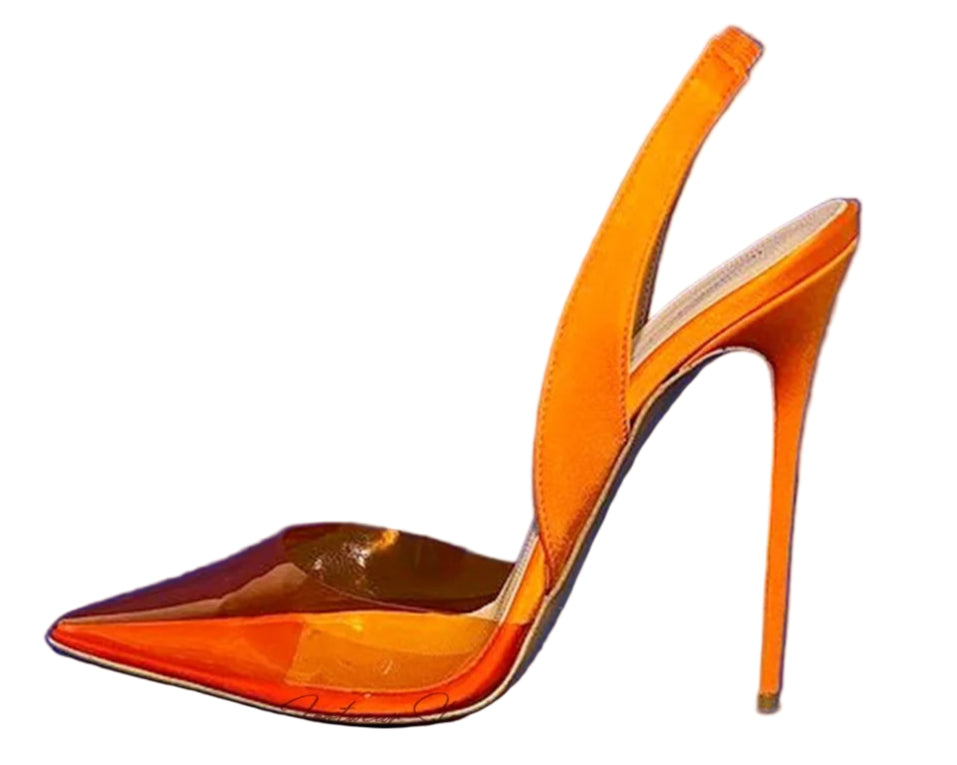 TEEK - Surkova Orange Green Transparent PVC High Heel Shoes Elegant Satin Cloth Slingback Wedding Pumps Pointed Toe 12cm 10cm 8cm Heels SHOES TEEK black satin 5.5