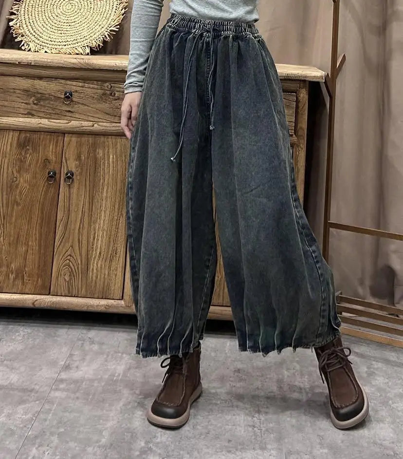 TEEK - Ethnic Elastic Waist Loose Denim Wide Leg Pants PANTS theteekdotcom Deep BLUE One Size 