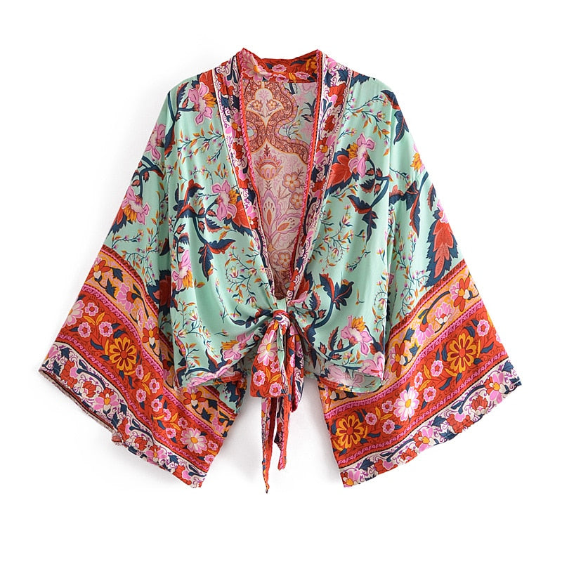 TEEK - Boho Queens Vintage Floral Sashes Short  Kimono Robe ROBE theteekdotcom green S 