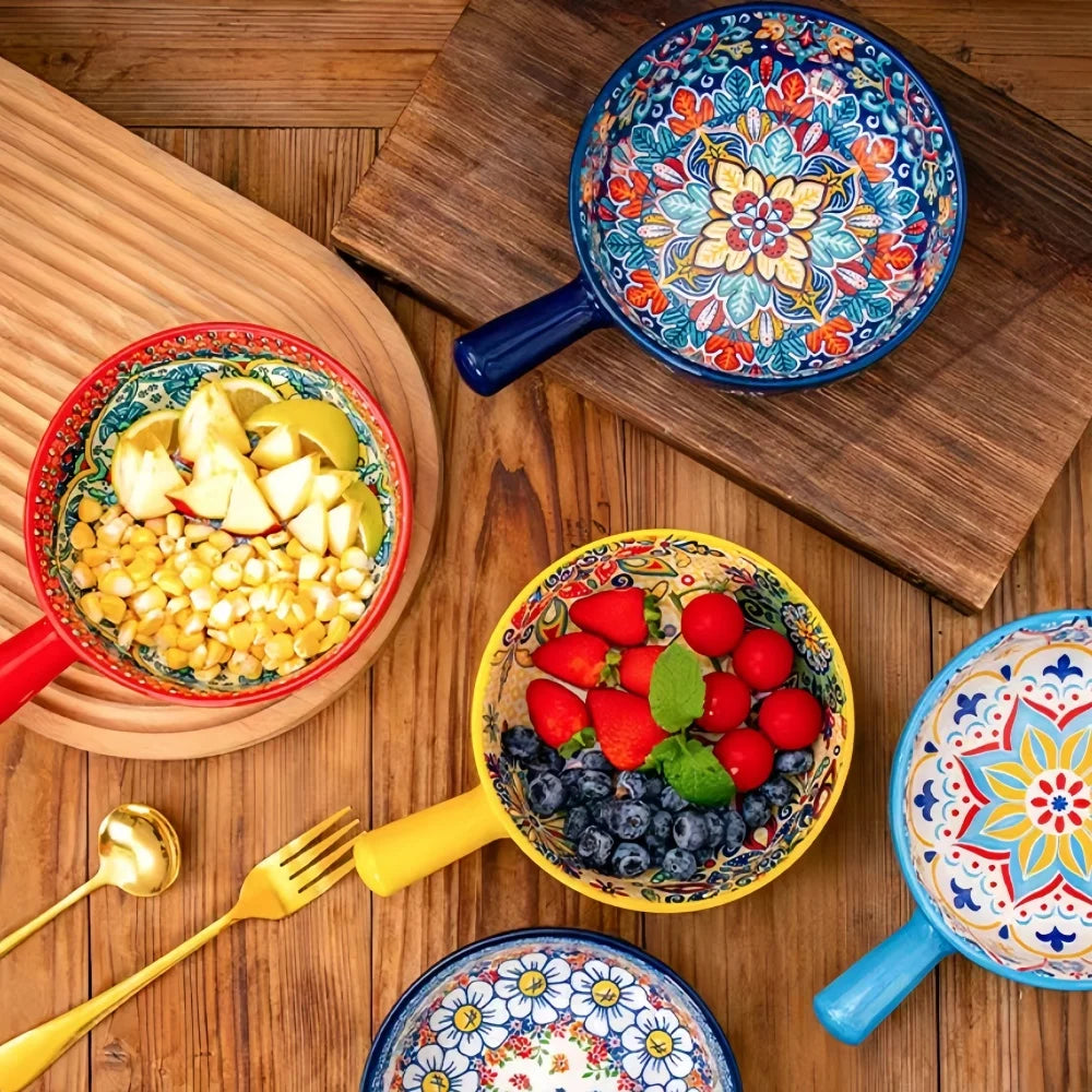 Bohemian Ceramic Hand-Painted Embossed Patterned Salad Bowl with Handle Kitchen Bakeware Microwave & Oven Safe 1 pc TEEK