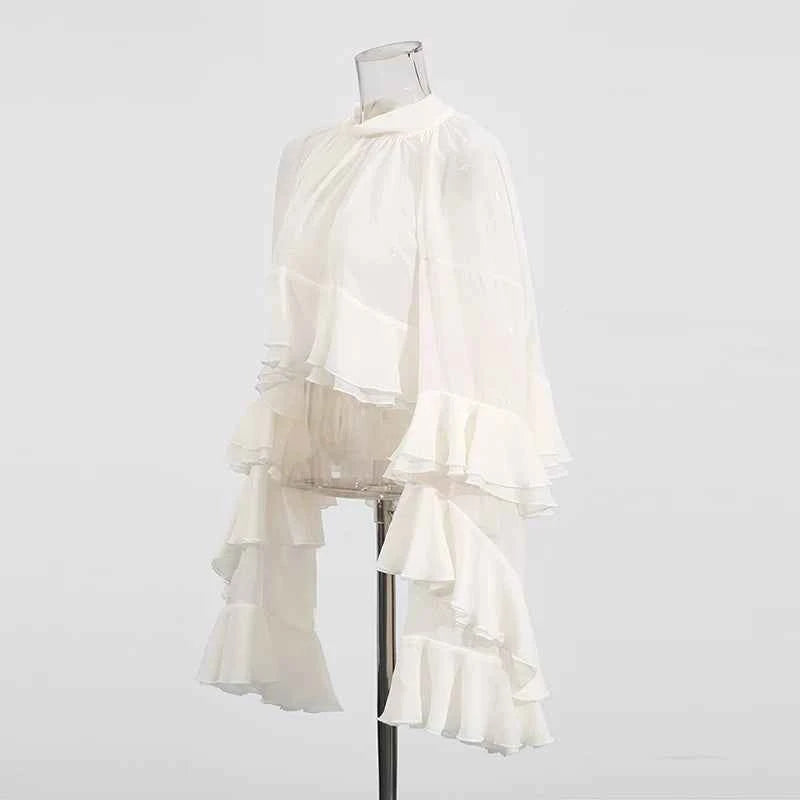TEEK - Loose Sheer High Neck Long Ruffle Sleeves Blouse TOPS theteekdotcom