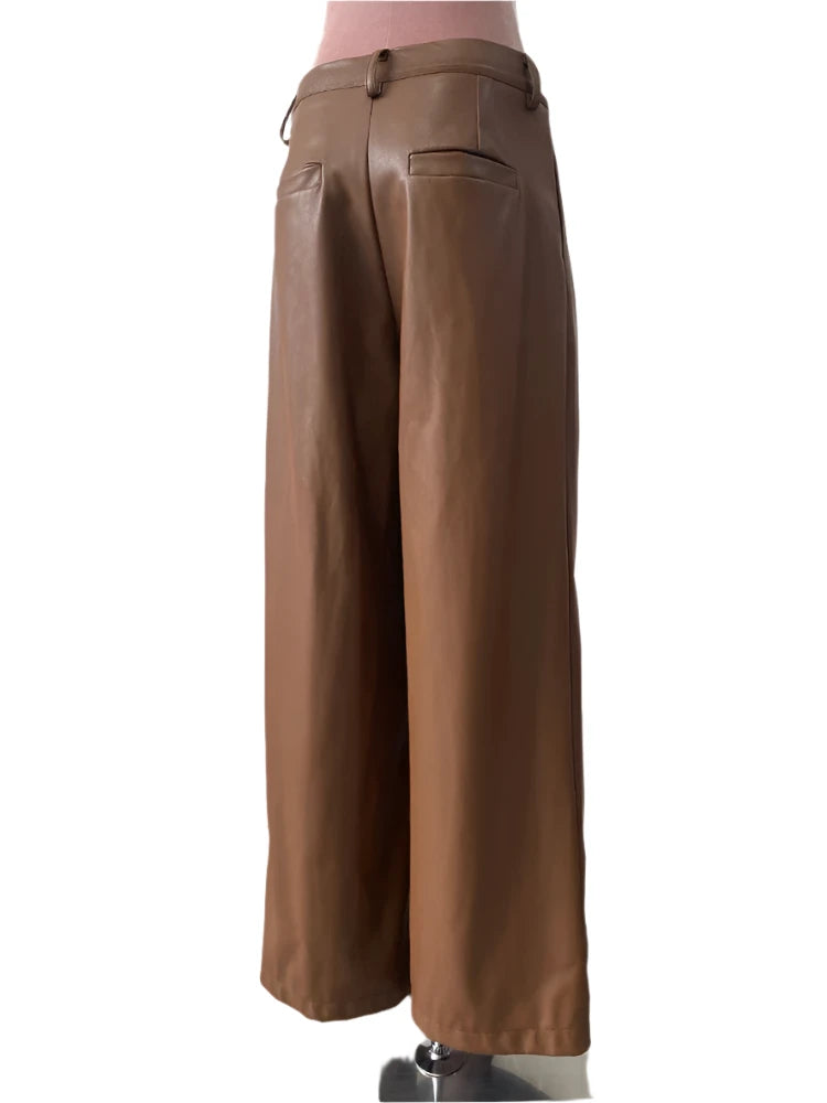 TEEK - Coffee Waterproof Brown Soft Pu Straight Pants PANTS theteekdotcom   