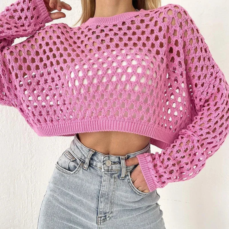 TEEK - Long Sleeve Knitted Crop Net Sweater TOPS theteekdotcom Pink S 