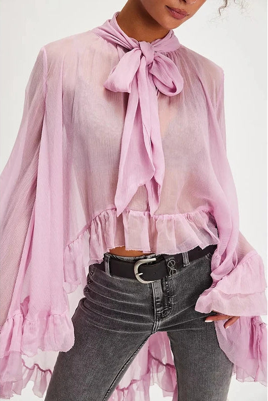 Women Chic Irregular Ruffled Hem Cape Top Bow Tied Neck Shirts Solid Color See Through Loose Fit Long Sleeve Blouses TEEK A L