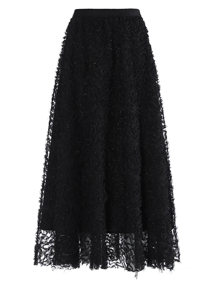 TEEK - Textured Mesh Elegant Cake Half Body Skirt SKIRT theteekdotcom black S 