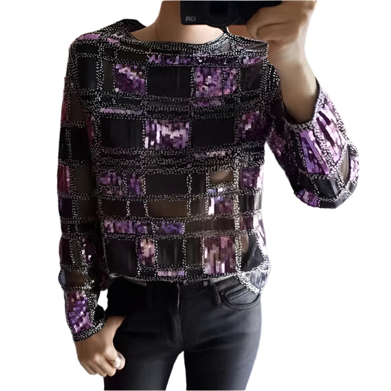 TEEK - Plaid Sequined Blouse TOPS theteekdotcom Purple One Size