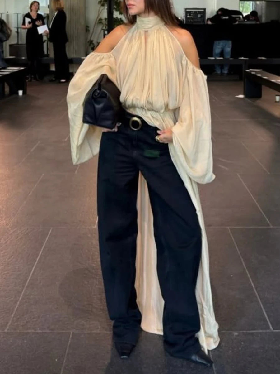 TEEK - Off The Single Shoulder vTurtleneck Ruched Oversized Sleeve Blouse TOPS theteekdotcom