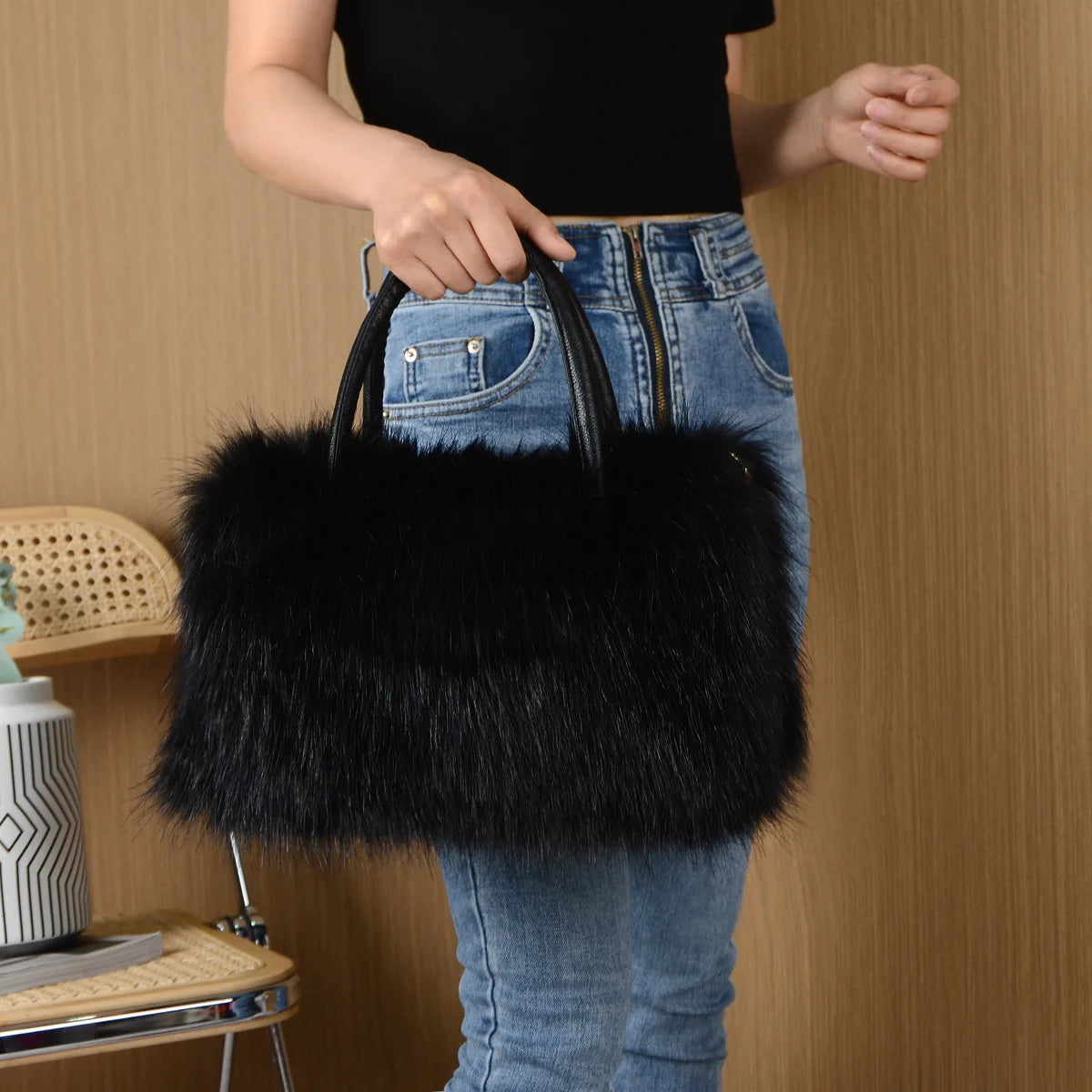 TEEK - Bright Color Faux Fur Handbag BAG TEEK Black 35cmX23cmX17cm