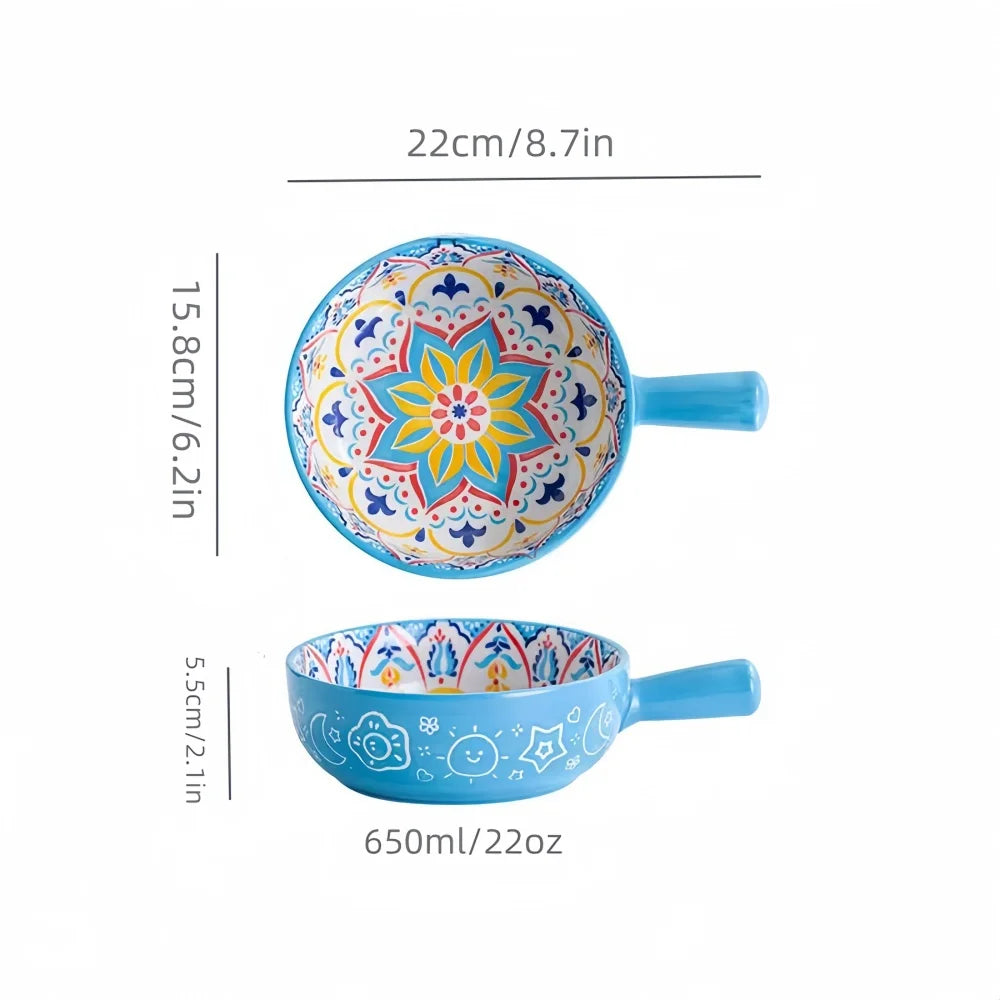 Bohemian Ceramic Hand-Painted Embossed Patterned Salad Bowl with Handle Kitchen Bakeware Microwave & Oven Safe 1 pc TEEK SKY BLUE 6.2