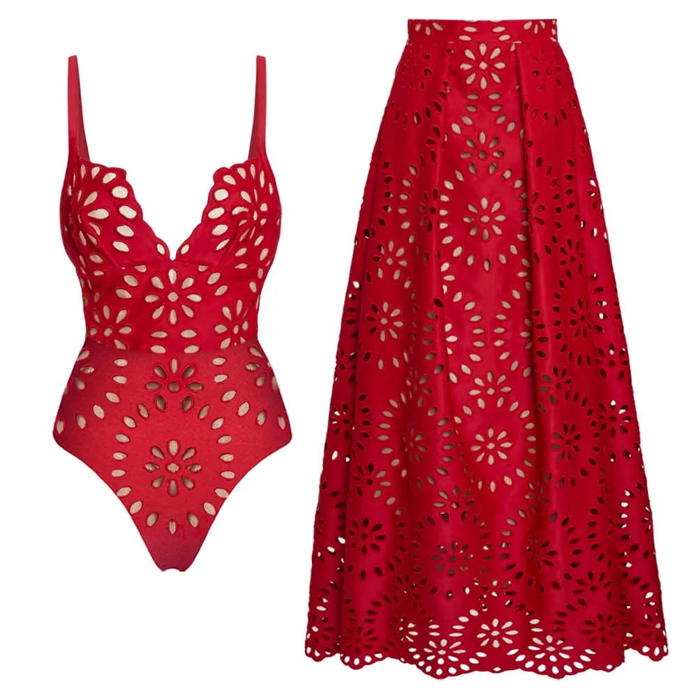 TEEK - Flower Hollow One Piece Swimsuit and Skirt