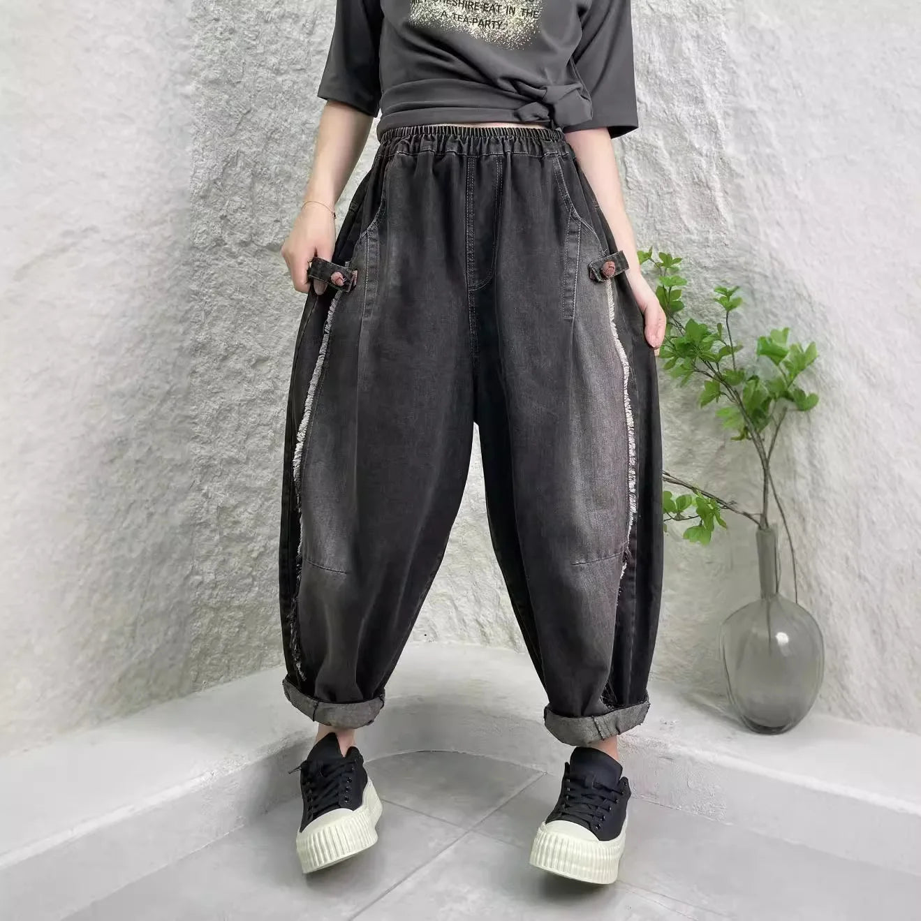 TEEK - Black Distressed Patchwork Pocketed Womens Harem Pants PANTS theteekdotcom   