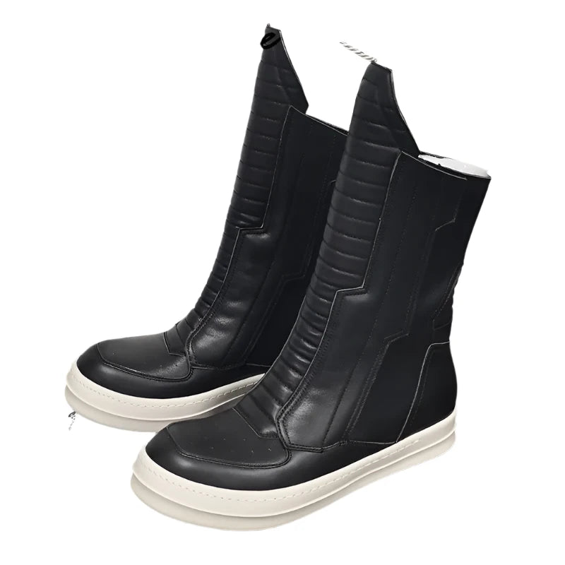 TEEK - Motorcycle Leather Luxury Mid-Calf Zip Flats Boots SHOES theteekdotcom   