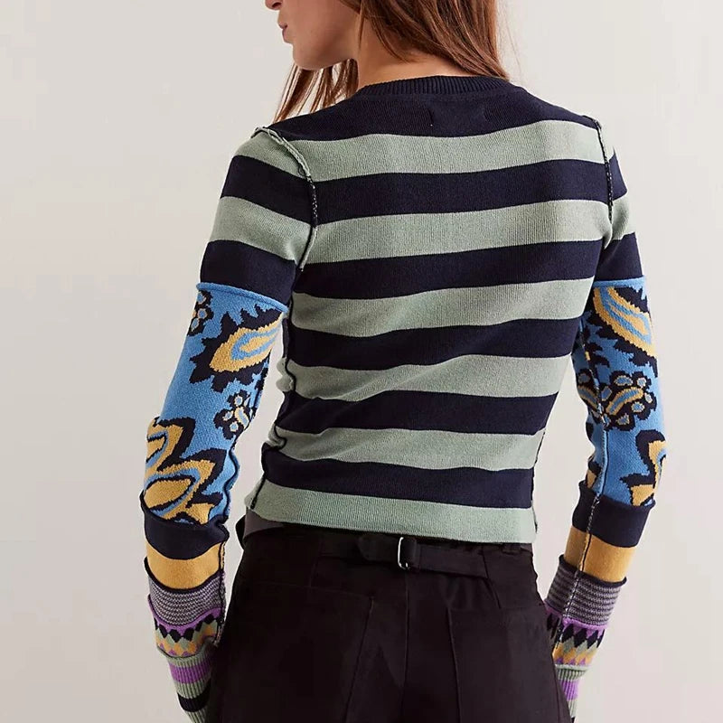 TEEK - Striped Print Contrast Pullover Long Sleeve Slim Cropped Sweater