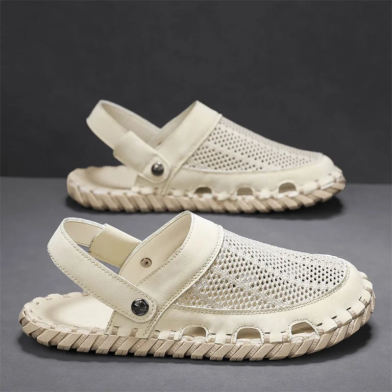 TEEK - Mens Mesh Front Outdoor Leather Sandals SHOES theteekdotcom Beige White 6807 7 