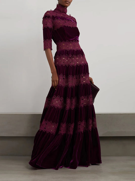TEEK - Tier Embroidered Lace Turtleneck Dress DRESS theteekdotcom WINERED S 