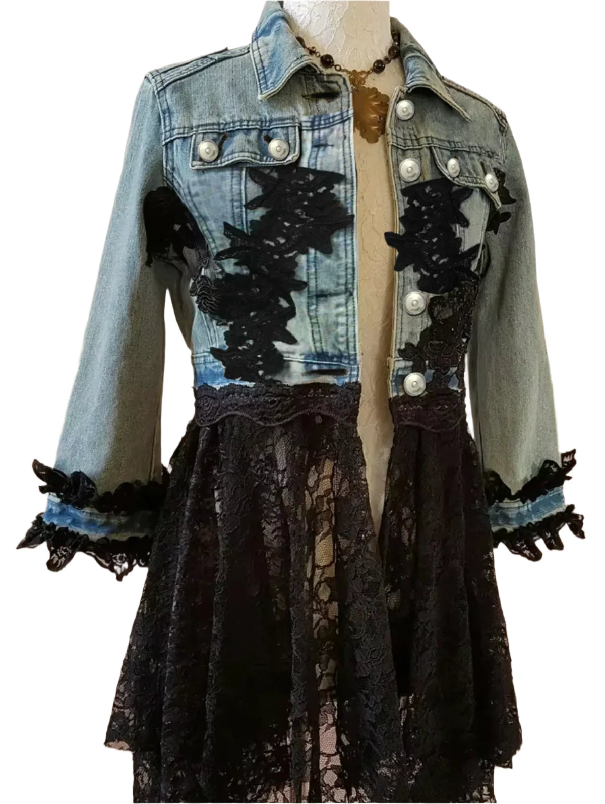 TEEK - Button Up Lace Patchwork Denim Jacket JACKET theteekdotcom   