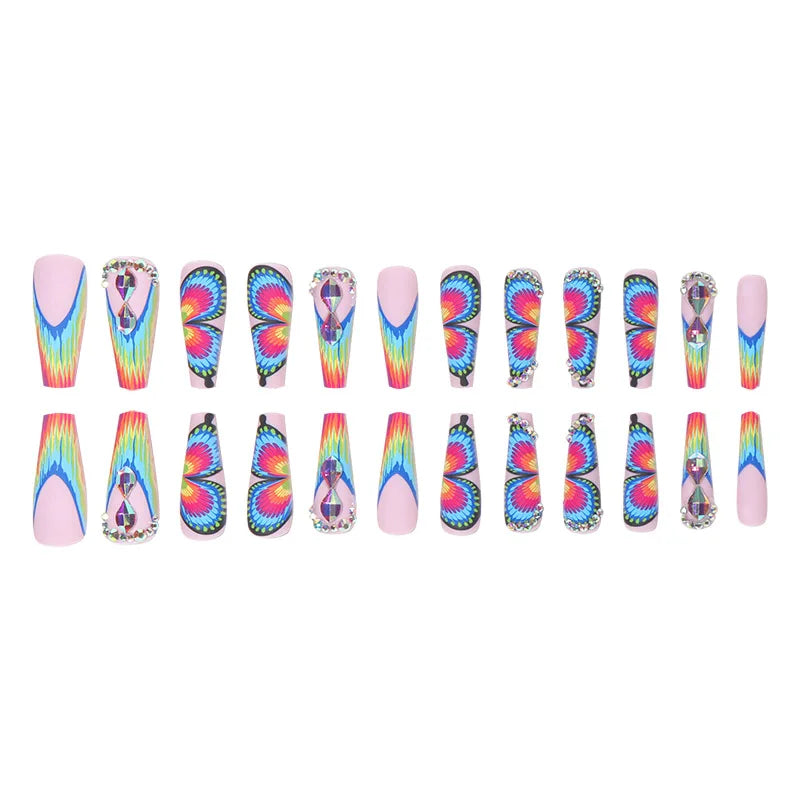 TEEK - 24PC Long Coffin Frosted Rainbow Butterfly Fake Nails NAIL ART theteekdotcom   