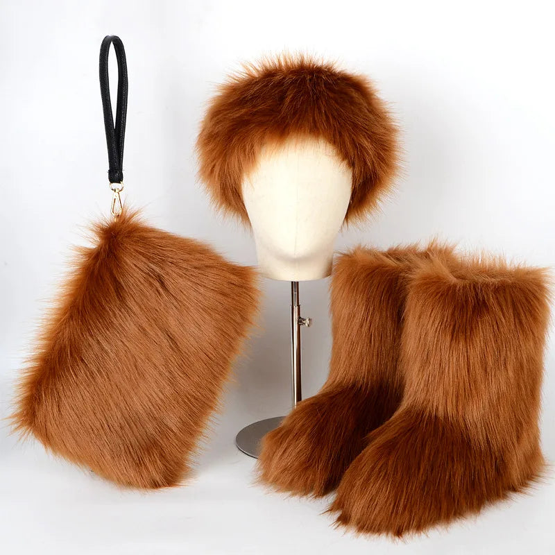 TEEK - Faux Fox Fur Snow Boots Velvet Headband Handbag Set SET theteekdotcom   