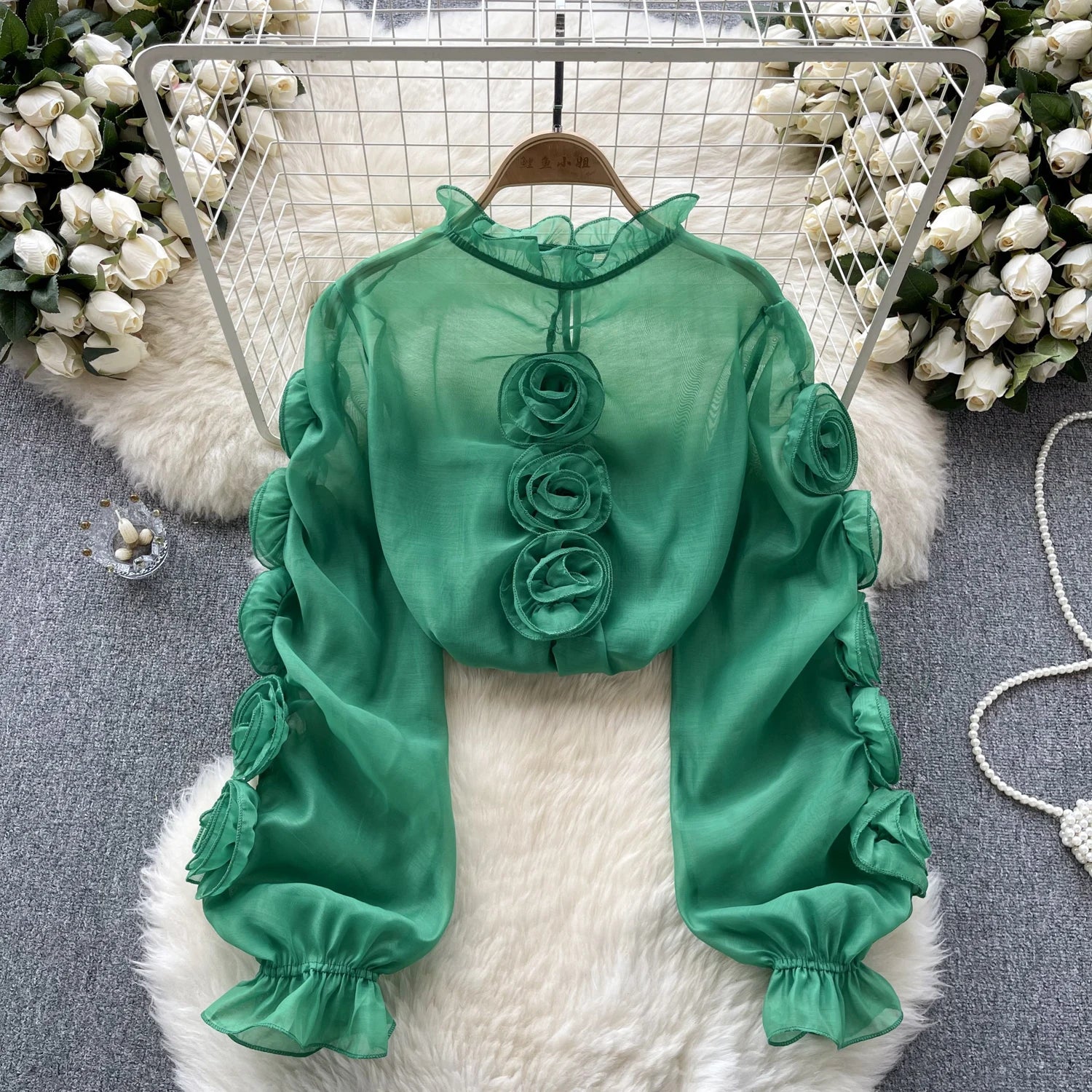 TEEK - 3D Floral Sheer Blouse TOPS theteekdotcom green One Size 