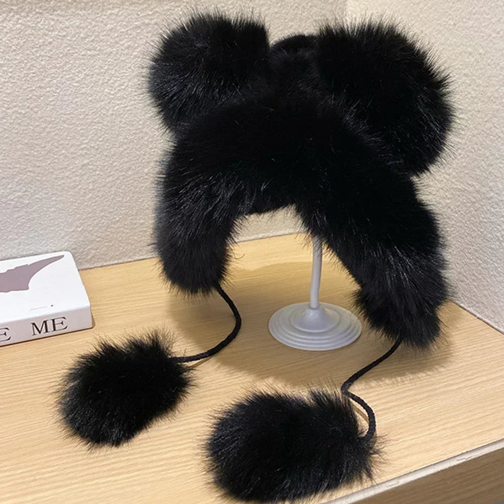 TEEK - Faux Fox Plush Bear Ear Hat HAT theteekdotcom black  