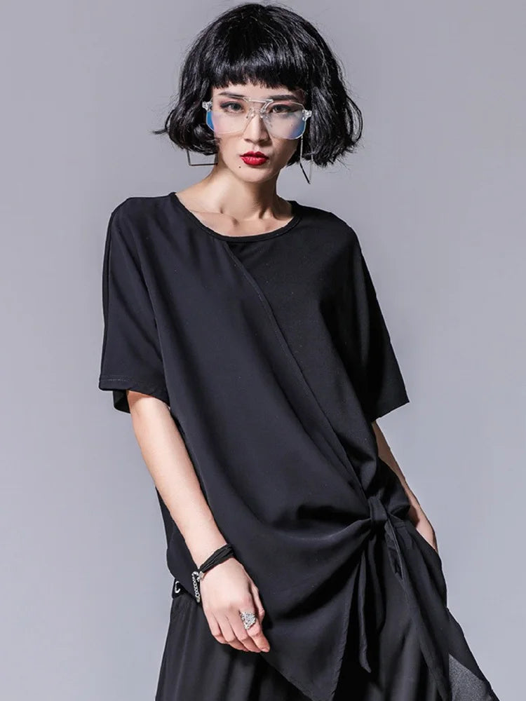 TEEK - Black Asymmetric Pleated Knit Shirt TOPS theteekdotcom   