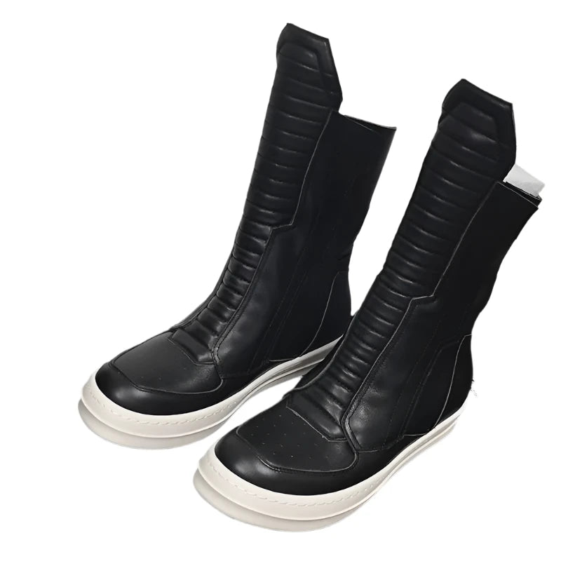 TEEK - Motorcycle Leather Luxury Mid-Calf Zip Flats Boots SHOES theteekdotcom   