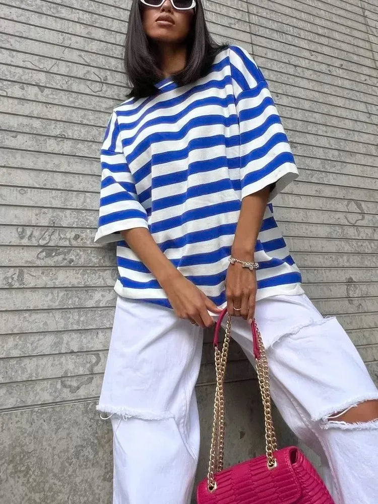 TEEK - Striped Cotton Short Sleeve Oversized T Shirt TOPS theteekdotcom Blue S 
