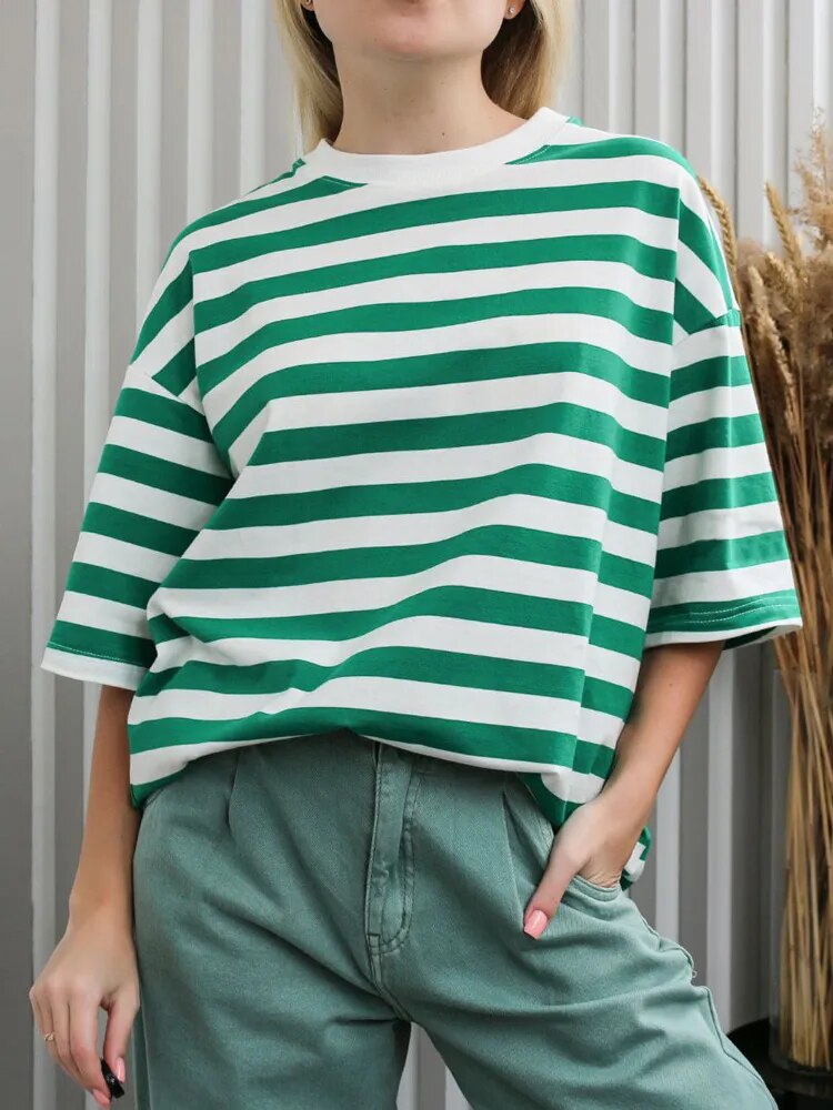 TEEK - Striped Cotton Short Sleeve Oversized T Shirt TOPS theteekdotcom Green S 