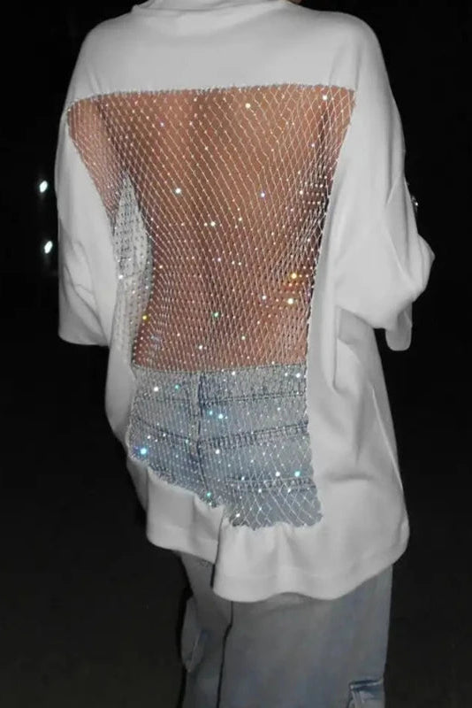TEEK - Oversized Ribbed Crew Neck Half Sleeve Back Fishnet Back Top
