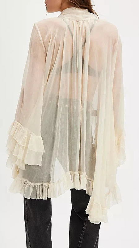 Women Chic Irregular Ruffled Hem Cape Top Bow Tied Neck Shirts Solid Color See Through Loose Fit Long Sleeve Blouses TEEK