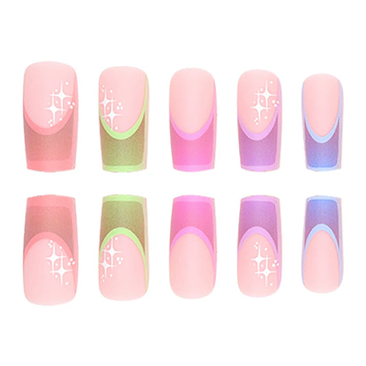 TEEK - 24 Pieces of Medium Coffin Multicolored French Fake Nails NAIL ART theteekdotcom   